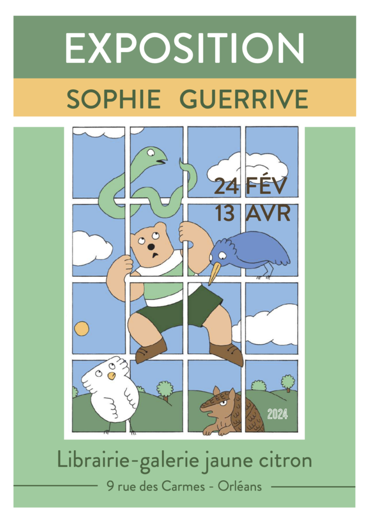 Exposition de Sophie Guerrive dans l'espace galerie de la librairie jaune citron